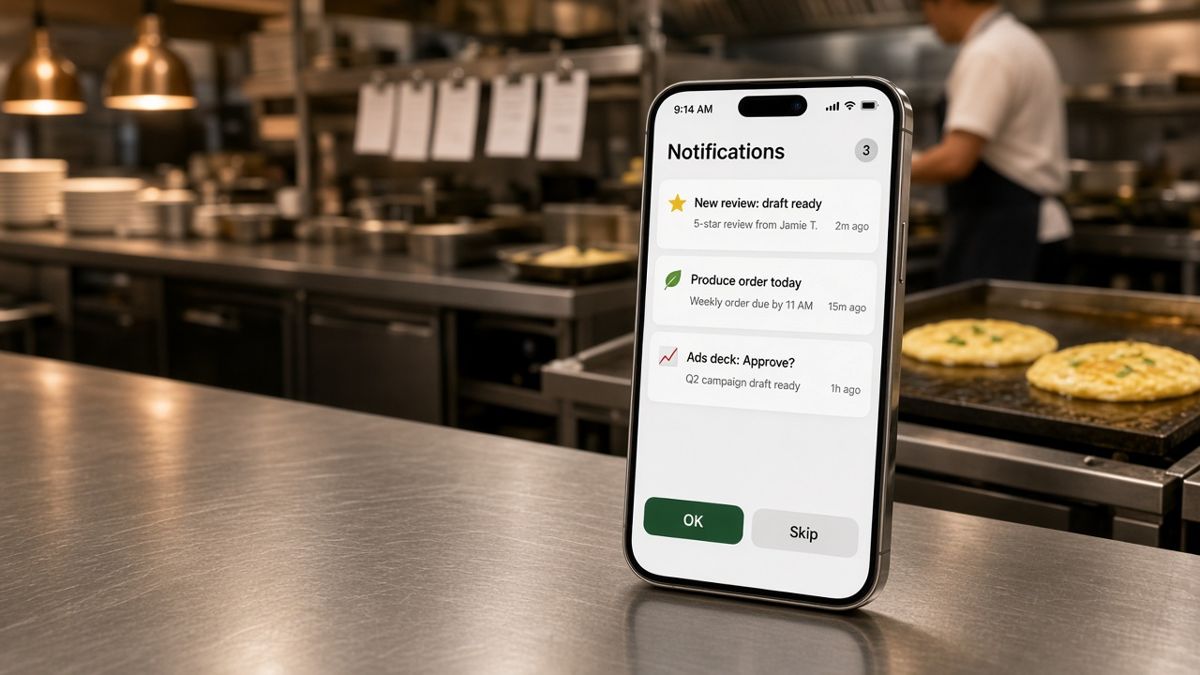 An iPhone in a busy restaurant kitchen showing AI bot prompts for review replies, order reminders, and approvals